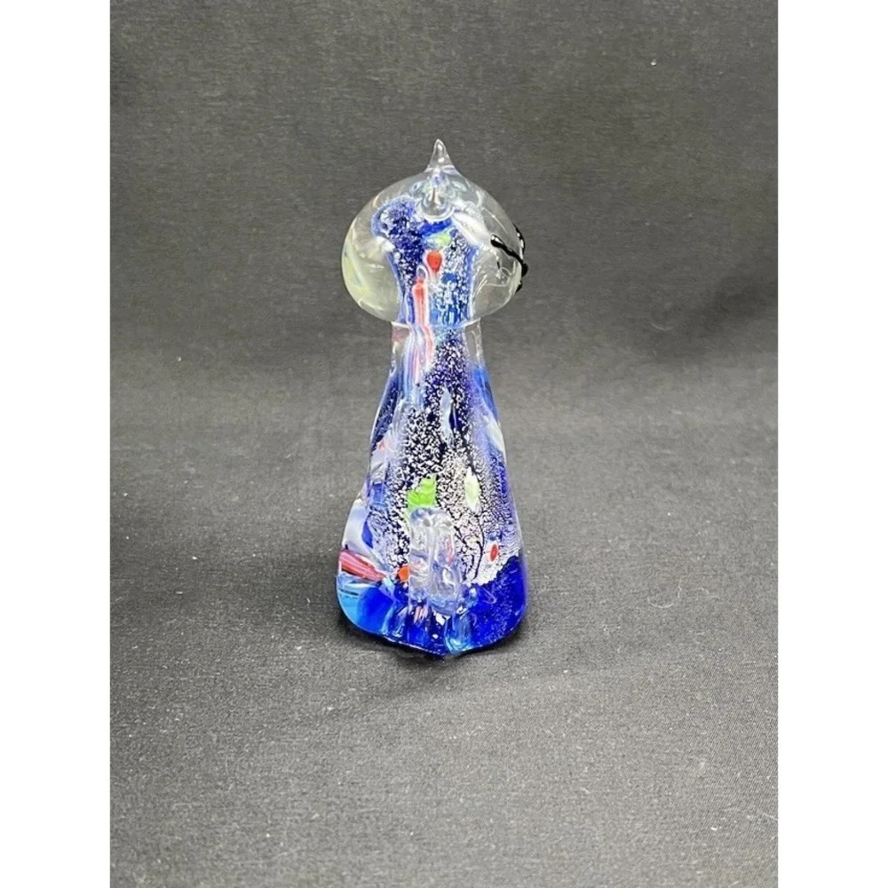 MURANO GLASS CAT FIGURINE OR PAPERWEIGHT Silver Argento Blue Millefiori 4.5